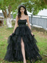 Lovely Black Tulle Long Prom Dress with Leg Slit, Black Shiny Tulle Party Dress