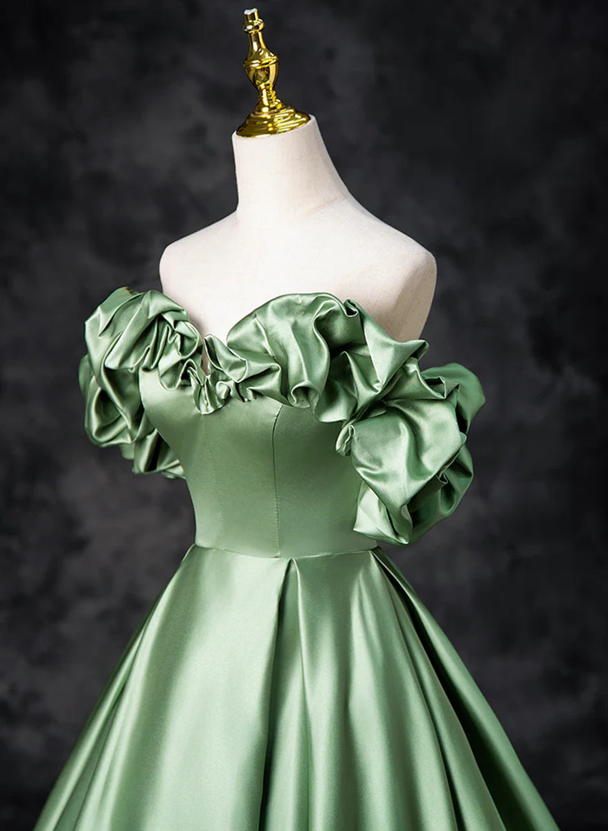 Green Satin Long A-Line Party Dress, Off The Shoulder Formal Evening Dress main image 0