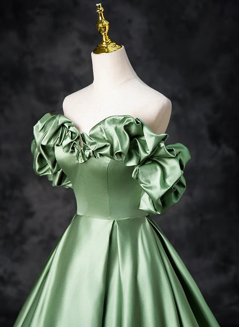 Green Satin Off Shoulder Long Party Dress, A-line Green Prom Dress