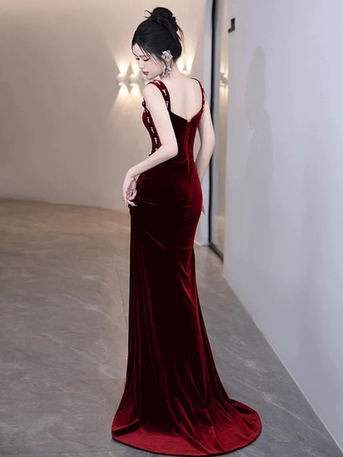 Wine Red Sweetheart Beaded Mermaid Party Dress, Wine Red Velvet Prom Dress Evening Dress