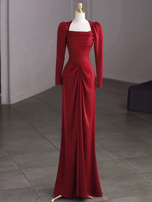 Wine Red Long Sleeves Satin A-line Prom Dress, Wine Red Satin Party Dress Evening Dress