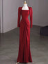 Wine Red Long Sleeves Satin A-line Prom Dress, Wine Red Satin Party Dress Evening Dress