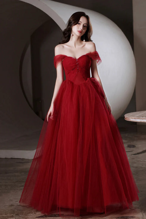 Wine Red Beaded Sweetheart Tulle Long Evening Dress, Wine Red Formal Dress Prom Dress