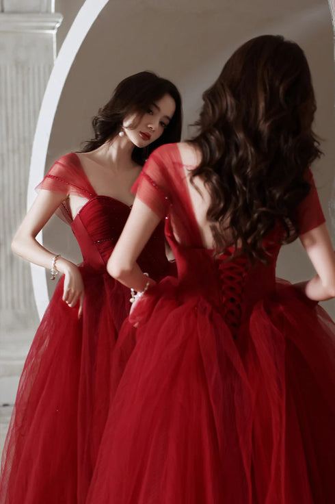Wine Red Beaded Sweetheart Tulle Long Evening Dress, Wine Red Formal Dress Prom Dress