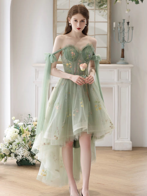 Light Green High Low Floral Tulle Formal Dress, High Low Homecoming Dresss
