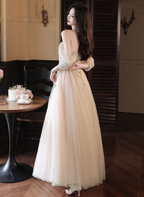 Light Champagne A-line Off Shoulder Party Dress, Tulle with Lace Applique Prom Dress