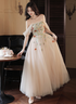 Light Champagne A-line Off Shoulder Party Dress, Tulle with Lace Applique Prom Dress