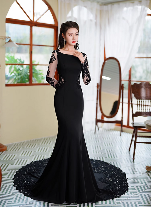 Black Mermaid Long Sleeves with Lace Wedding Party Dress, Black Mermaid Prom Dress