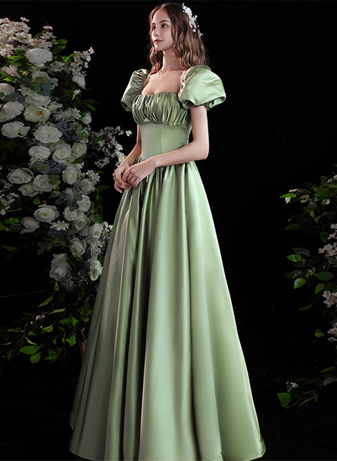 A-line Satin Green Short Sleeves Beaded Party Dress, Green Long Formal Dress Prom Dress
