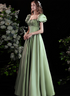 A-line Satin Green Short Sleeves Beaded Party Dress, Green Long Formal Dress Prom Dress
