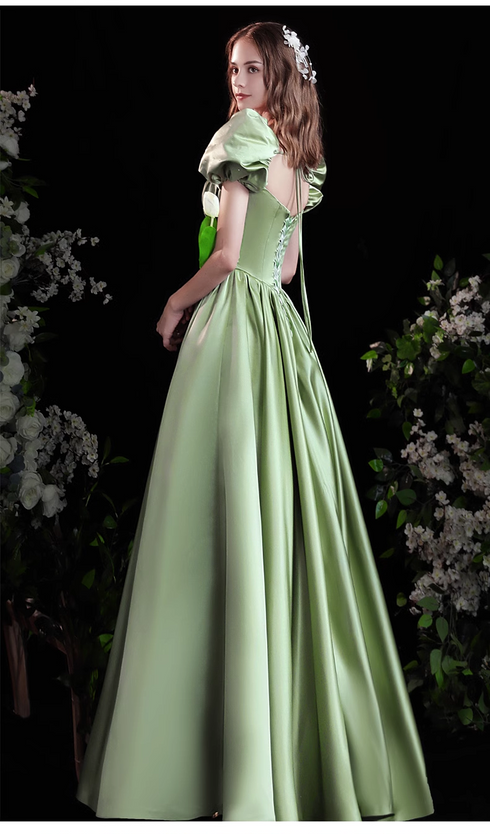 A-line Satin Green Short Sleeves Beaded Party Dress, Green Long Formal Dress Prom Dress