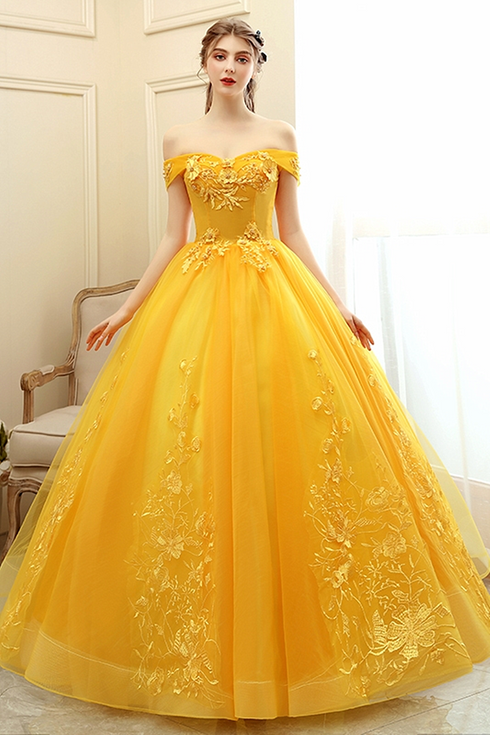 Yellow Off Shoulder Ball Gown Tulle with Lace Sweet 16 Dress, Yellow Formal Dress