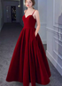 Wine Red Velvet Long Formal Dress Party Dress, V-neckline Straps Prom Dress