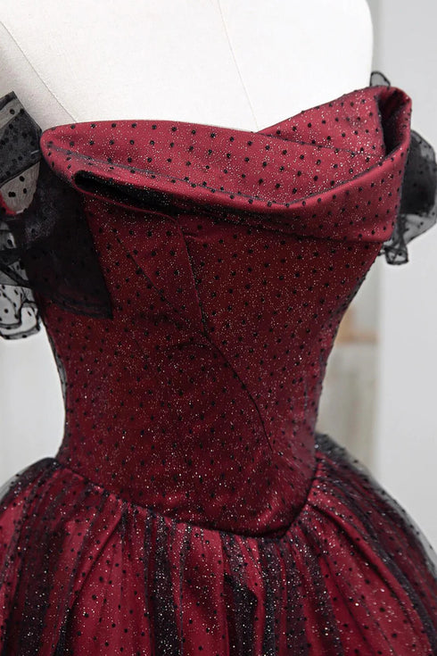 Black and Red Off Shoulder A-line Party Dress, Simple Style Prom Dress Evening Dress