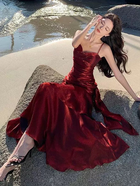 Lovely Wine Red Satin Mermaid Chic Sweetheart Prom Dress, Wine Red Satin Long Eveming Dress