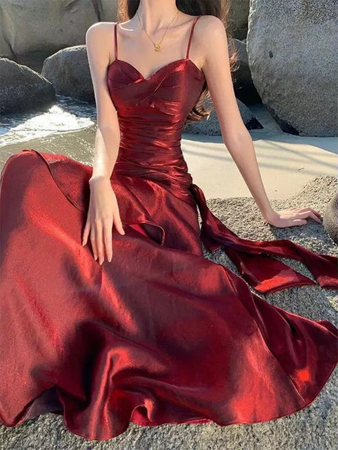 Lovely Wine Red Satin Mermaid Chic Sweetheart Prom Dress, Wine Red Satin Long Eveming Dress