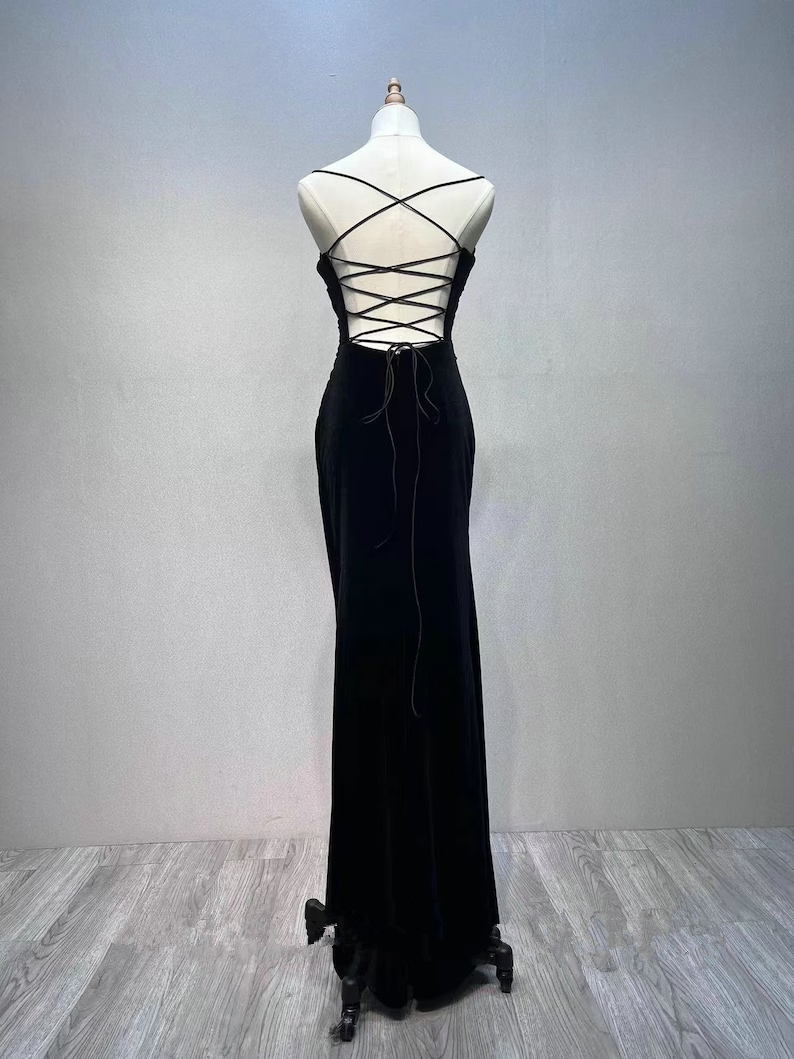 Black Velvet A-line Straps Wedding Party Dress, Black Long Evening Dre ...