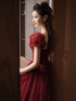 Wine Red Short Sleeves Tulle Long Party Dress, Wine Red A-line Floor Length Prom Dress