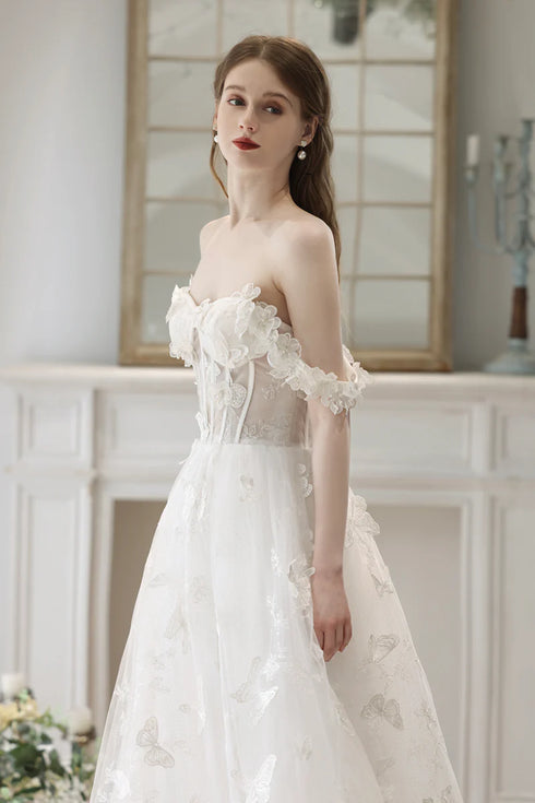 White Straps Lace Sweetheart Long Formal Dress, White A-line Floor Length Prom Dress