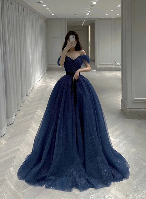 A-line Sweetheart Tulle Navy Blue Shiny Tulle Party Dress, Blue Long Formal Dress