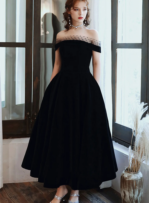 Off Shoulder Black Velvet Party Dress, Black Short Homecoming Dress Evening Dress