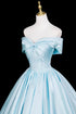 A-line Blue Satin Off Shoulder Prom Dress, Blue Simple Floor Length Evening Dress