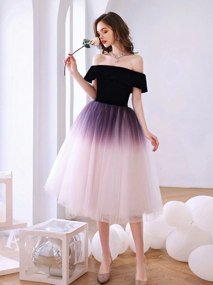 Purple Tulle Off Shoulder Gradient Party Dress, Purple Tulle Short Homecoming Dress US size 22W / Purple
