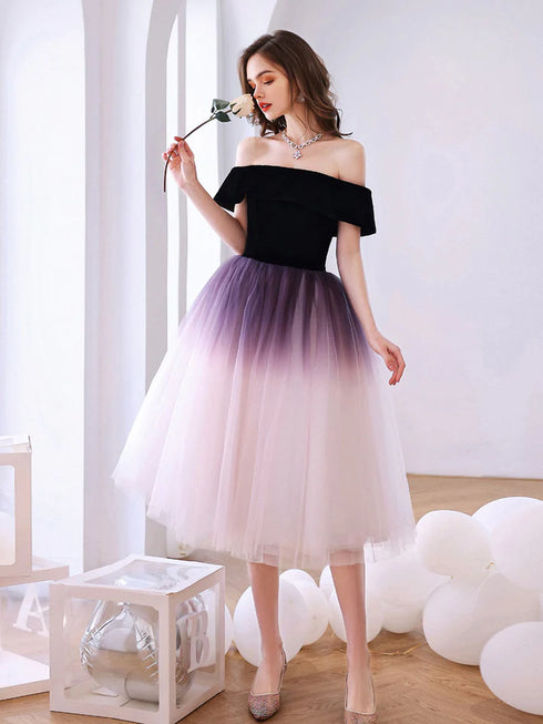 Purple Tulle Off Shoulder Gradient Party Dress, Purple Tulle Short Homecoming Dress
