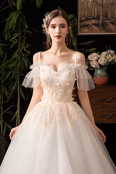 Lovely White Tulle with Lace Off Shoulder Party Dress, White Straps Long Sweet 16 Dress
