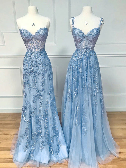 Light Blue Tulle with Lace Sweetheart Long Party Dress, Light Blue Evening Dress Prom Dress