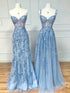 Light Blue Tulle with Lace Sweetheart Long Party Dress, Light Blue Evening Dress Prom Dress