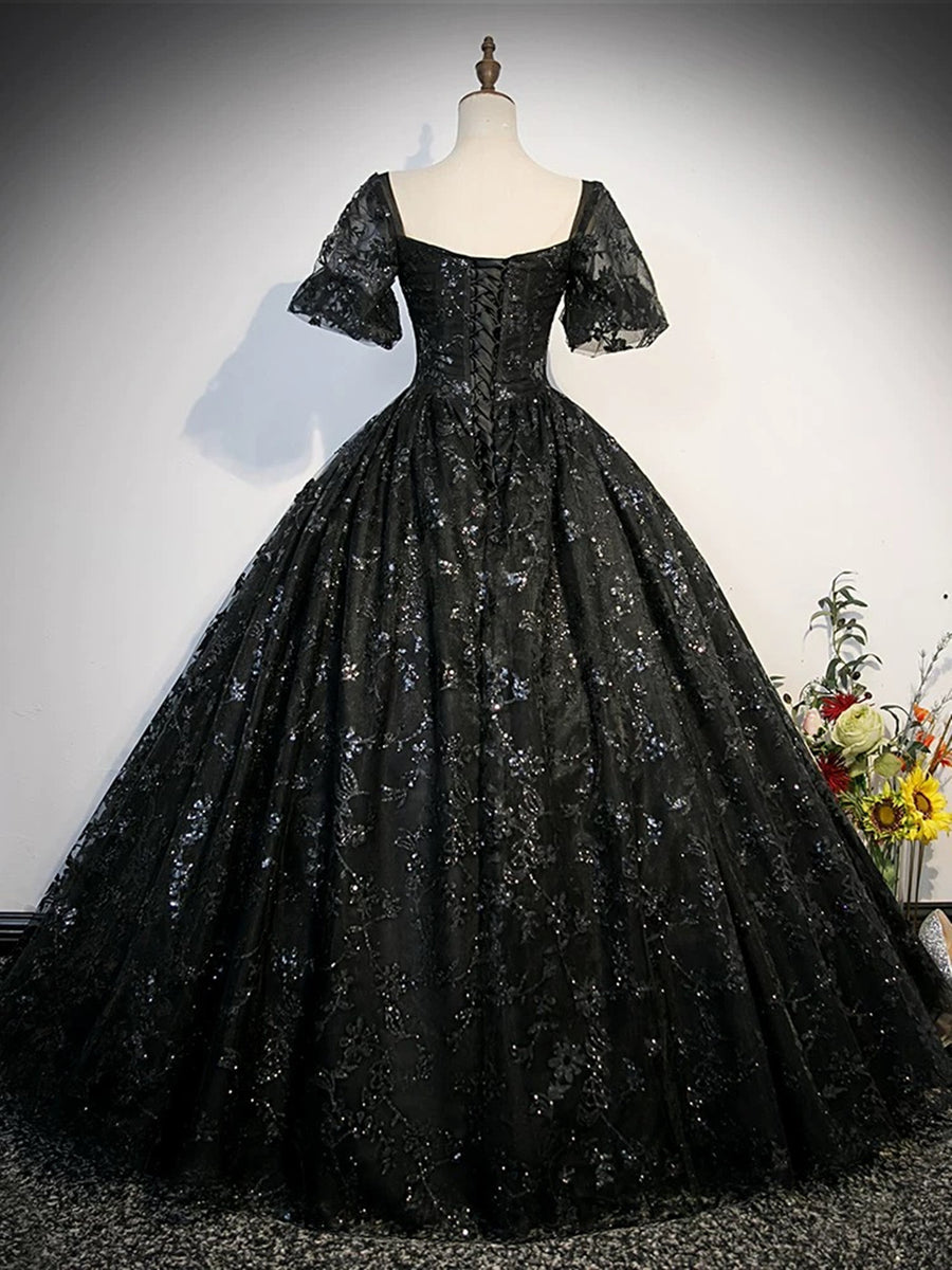 Black Lace Short Sleeves Long Evening Dress, Black Sweetheart Prom Dre