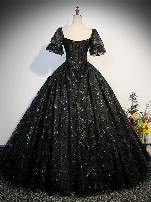 Black Lace  Short Sleeves Long Evening Dress, Black Sweetheart Prom Dress Party Dress