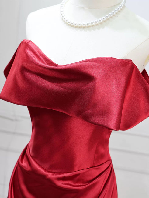 Red Off Shoulder Satin Long Prom Dress Party Dress, Red A-line Sweetheart Evening Dress