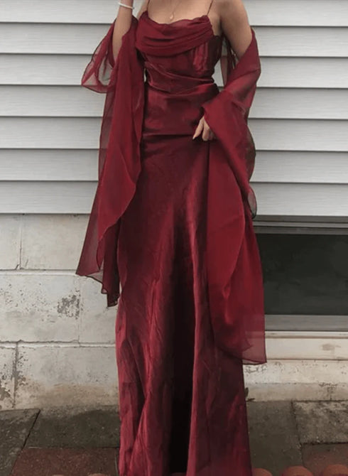 Beautiful Wine Red Satin Long Prom Dress with Straps, Wine Red Long Party Dress