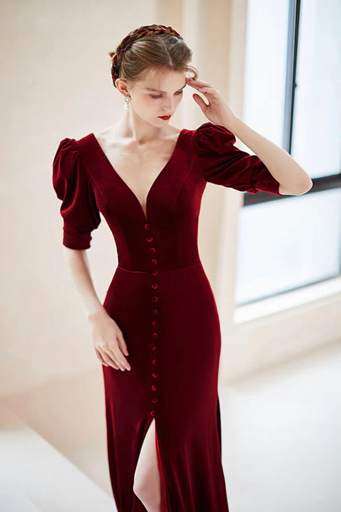 Wine Red Velvet V-neckline Long Evening Dress, Wine Red Long Prom Dress Party Dress