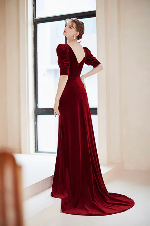 Wine Red Velvet V-neckline Long Evening Dress, Wine Red Long Prom Dress Party Dress