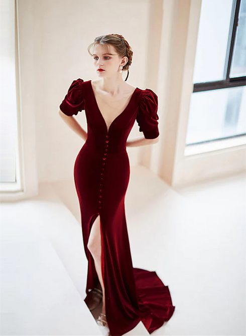 Wine Red Velvet V-neckline Long Evening Dress, Wine Red Long Prom Dress Party Dress