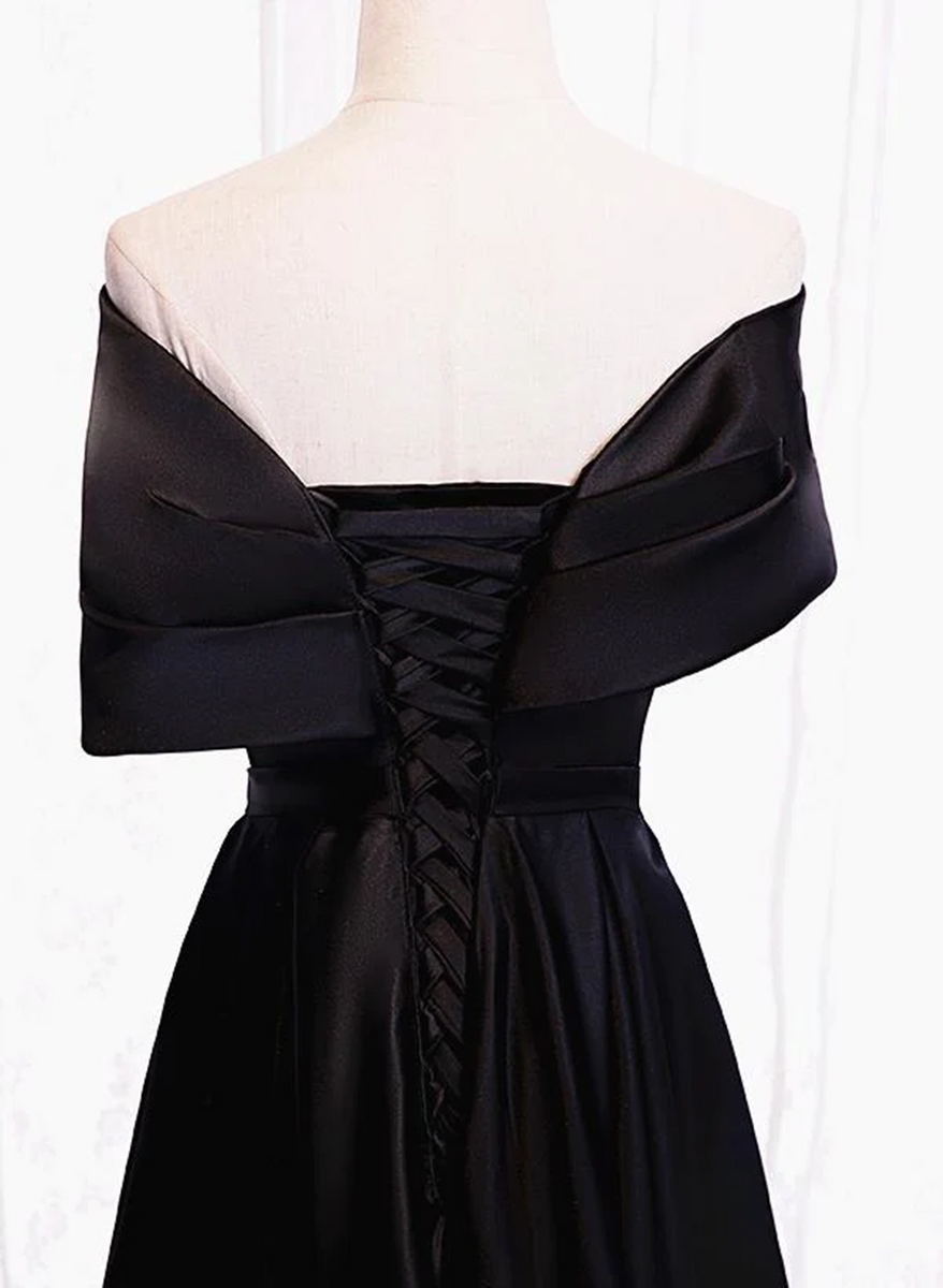 Black A-Line One Shoulder Stretch Satin Dress