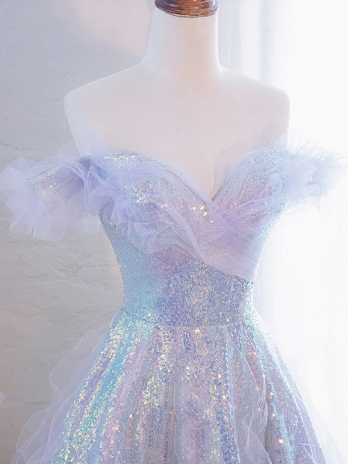 Lovely Off Shoulder A-line Tulle and Sequins Prom Dress, Sweetheart Long Evening Dress