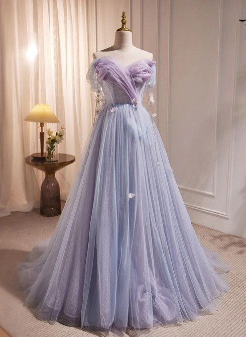Light Purple Off Shoulder Sweetheart Long Formal Dress, Light Purple Tulle Prom Dress