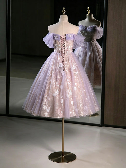 Cute Light Purple Tulle with Lace Applique Short Party Dress, Cute Short Homecoming Dress