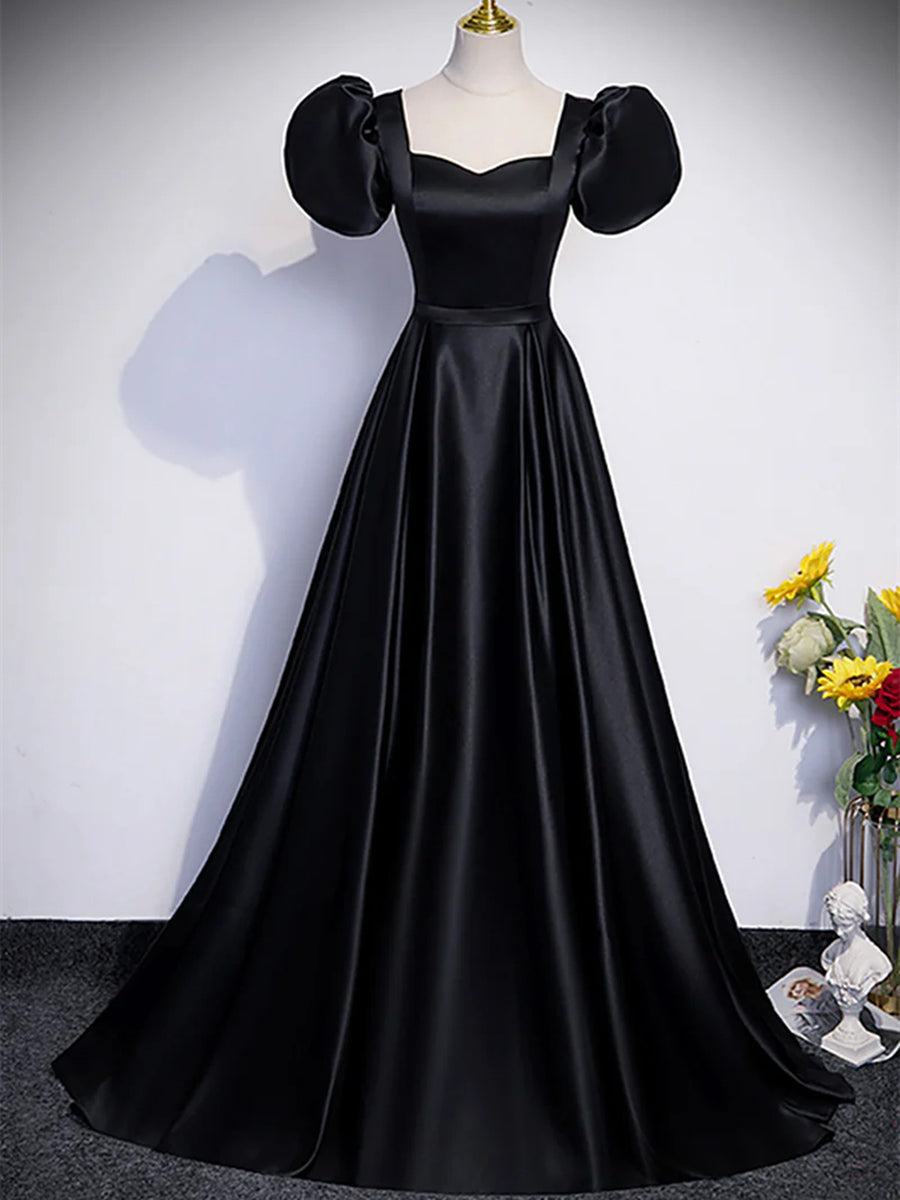 Black A-line Satin Off Shoulder Party Dress, A-line Simple Black Prom