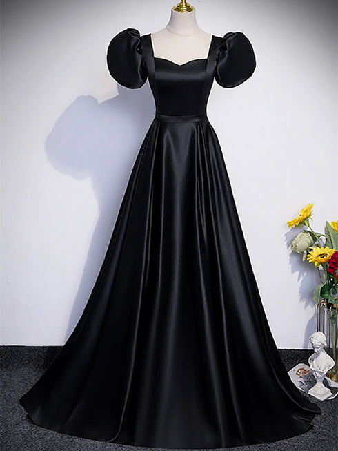 Black A-line Satin Off Shoulder Party Dress, A-line Simple Black Prom Dress