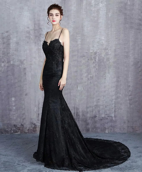 Beautiful Mermaid Black Straps Long Formal Dress, Black Evening Dress Prom Dress