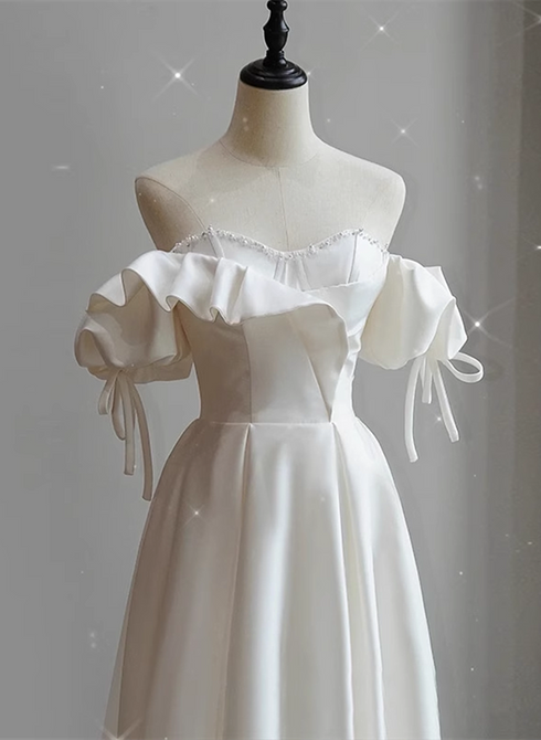 White Satin Off Shoulder Beaded Sweetheart Formal Dress, White Long Prom Dress