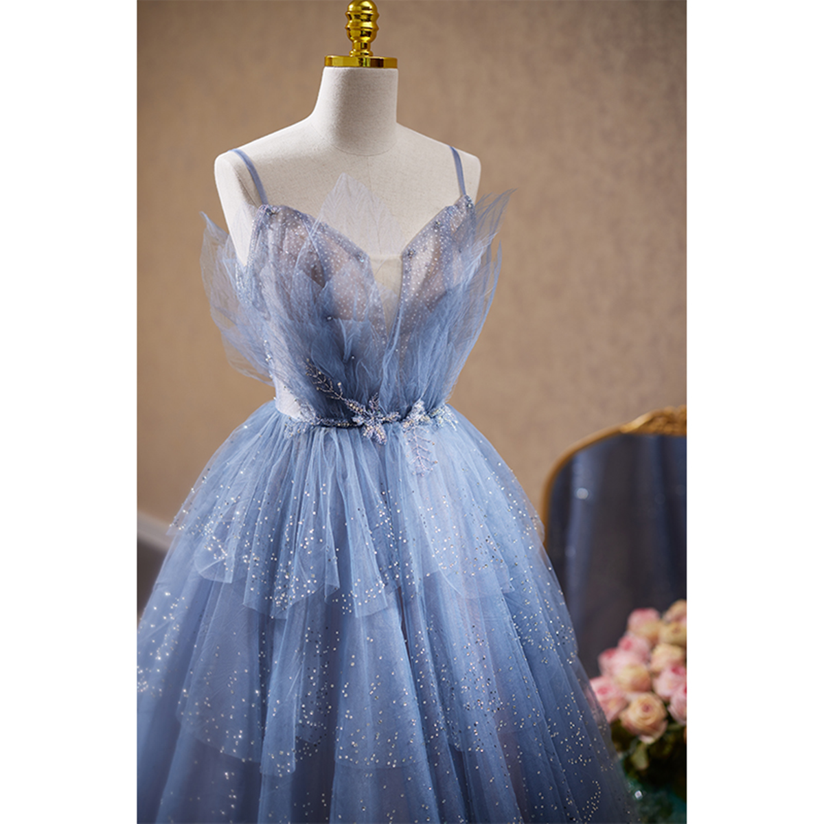 Light Blue Tulle Beaded Long Formal Dress, Light Blue Shiny Tulle Even
