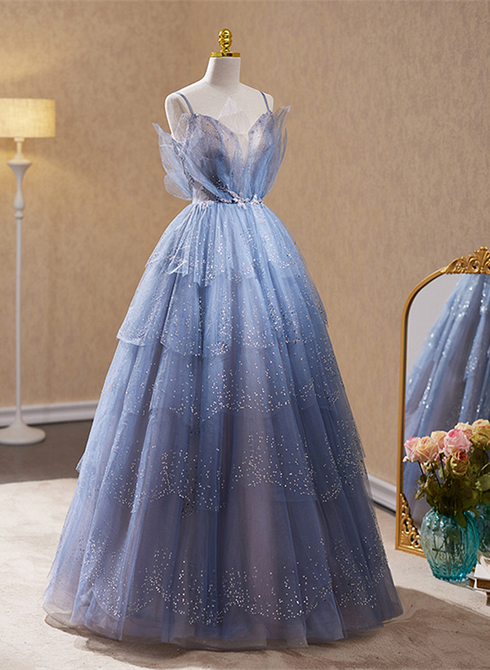 Light Blue Tulle Beaded Long Formal Dress, Light Blue Shiny Tulle Evening Dress Prom Dress