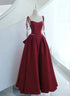 Wine Red Satin Straps Long Party Dress, Wine Red Floor Length Formal Dress Prom Dress