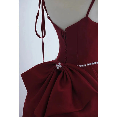 Wine Red Satin Straps Long Party Dress, Wine Red Floor Length Formal Dress Prom Dress